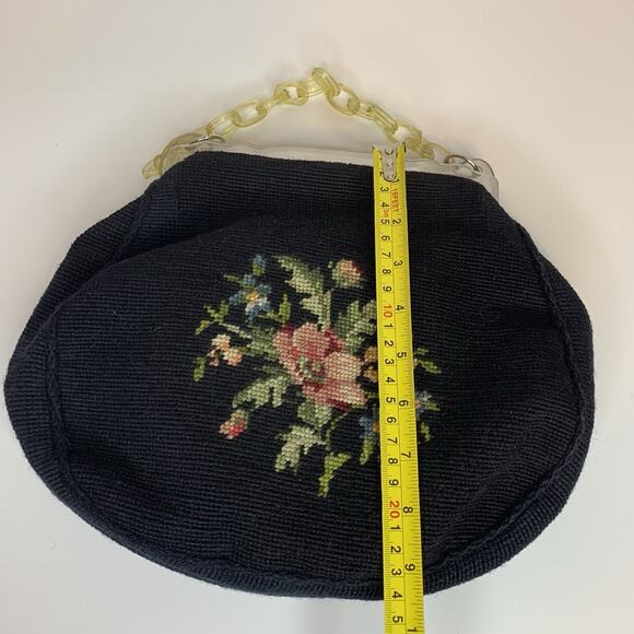 Vtg Needlepoint Purse Handbag Floral Tapestry Acrylic Lucite Close Chain 1950s - Picture 13 of 13